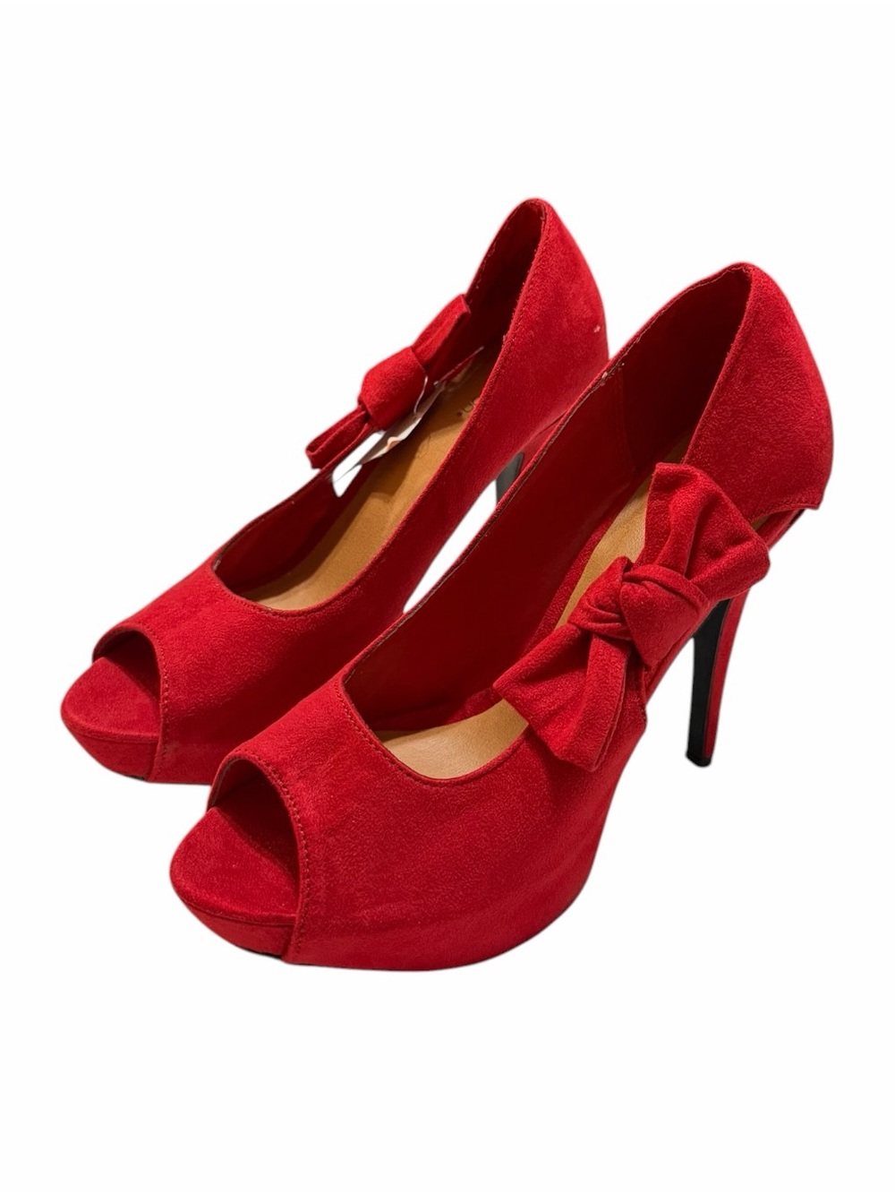Xhilaration (Target) Red faux suede platform peep-toe pumps, Size 8, 5” heels
